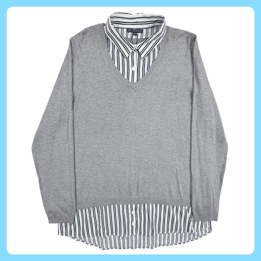 Adrianna Papell V-Neck Twofer Sweater Shirt Women XL Grey Viscose NWT - READ